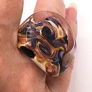 Murano Style Art Glass Flat-Top Ring – Swirl Statement Cocktail Jewelry